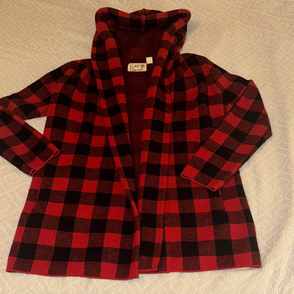 Field Flower Women’s Red and Black Buffalo Check Plaid Hooded Sweater Coat